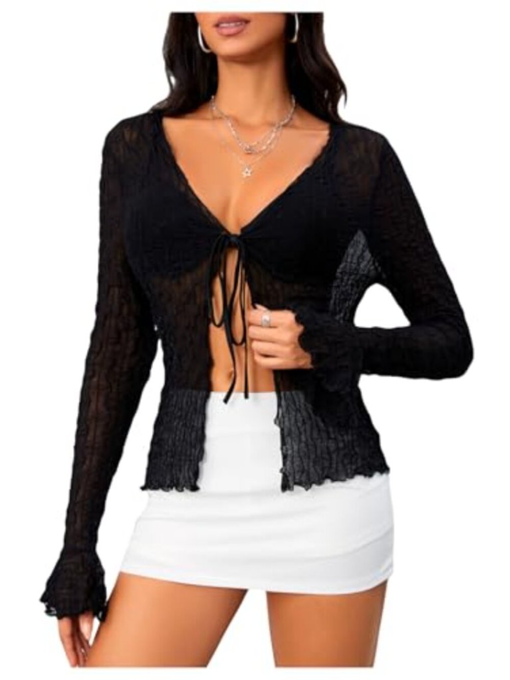 Women's Textured Lace V-Neck Tie Front Bell Long Sleeve Cardigan Top